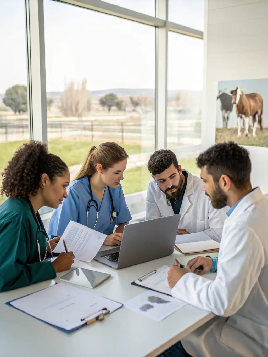 A group of veterinarians collaborating around a table, reviewing case studies and sharing insights on camelid health.