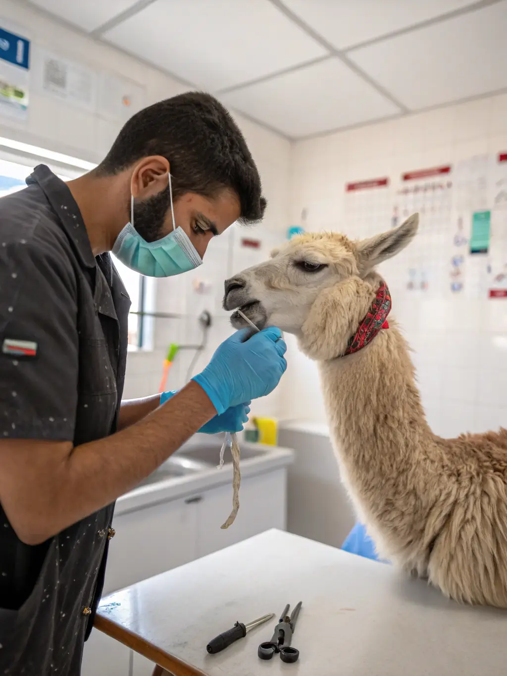 A veterinarian carefully examining an alpaca's teeth in a well-lit clinic, highlighting the precision and care involved in camelid dental work.