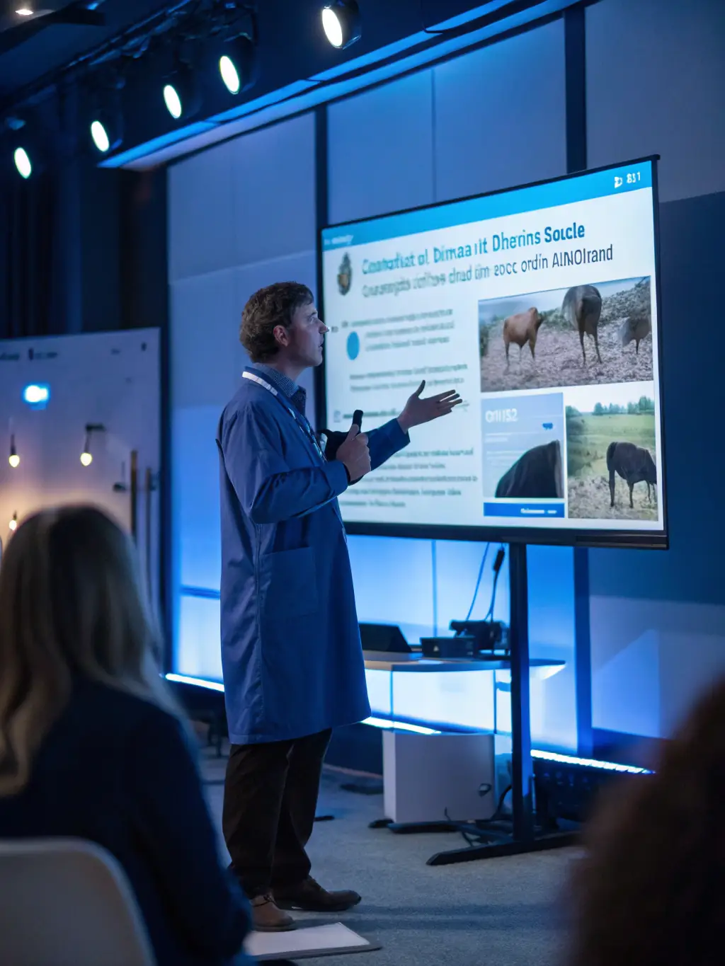 A veterinarian presenting research findings on camelid health at a virtual conference, highlighting the platform's role in knowledge dissemination.
