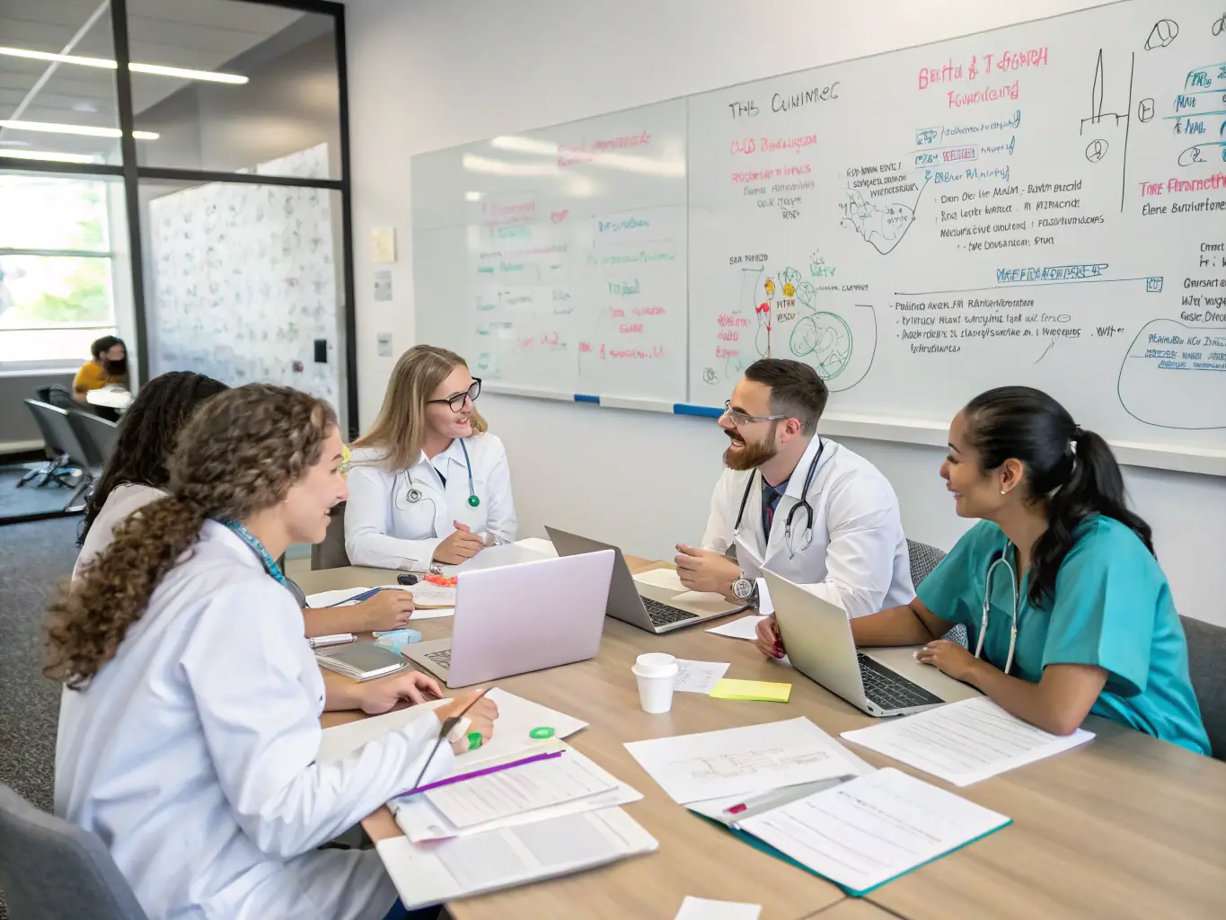 A group of veterinarians collaborating around a table, reviewing research papers and discussing treatment options. The image should convey a sense of community and knowledge sharing.