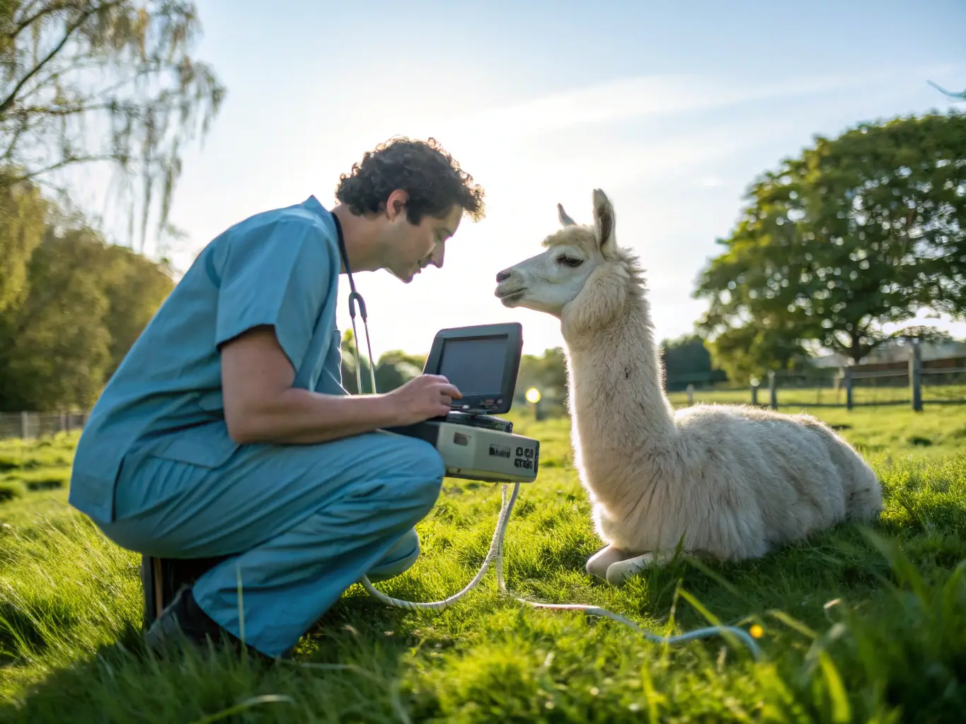 A veterinarian using a portable ultrasound machine to examine an alpaca in a field setting. The image should convey a sense of advanced diagnostic capabilities and on-site care.