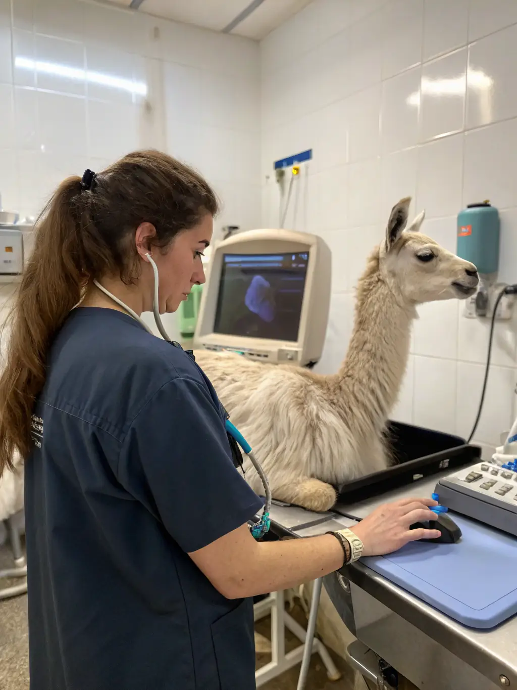 A veterinarian using ultrasound equipment to diagnose a pregnant llama, showcasing advanced reproductive services.