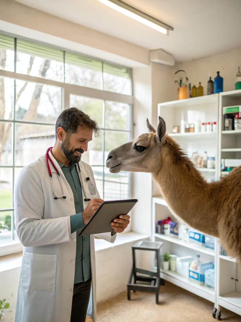 A veterinarian communicating with a camelid owner, using a tablet to display medical information and treatment plans.