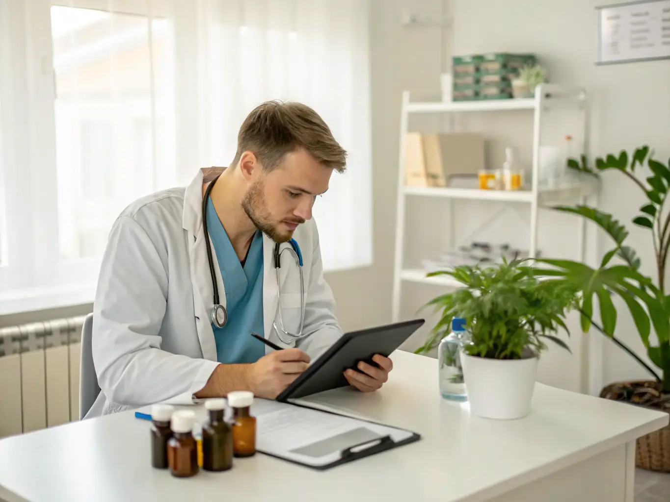 A veterinarian reviewing a detailed case study on a tablet, with a llama visible in the background. The image should represent the use of digital resources in veterinary practice.
